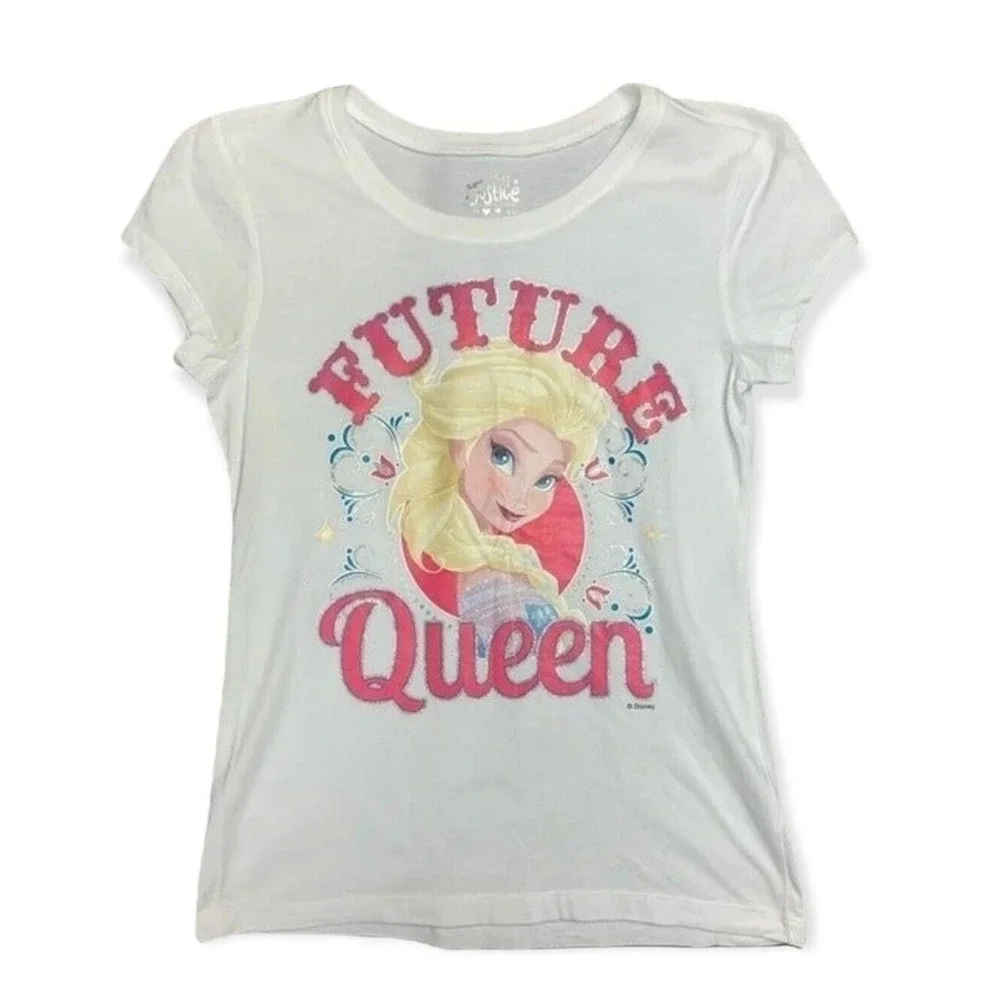 Justice Disney Frozen Elsa Future Queen Tee Girls 10 White Glitter Graphic Shirt